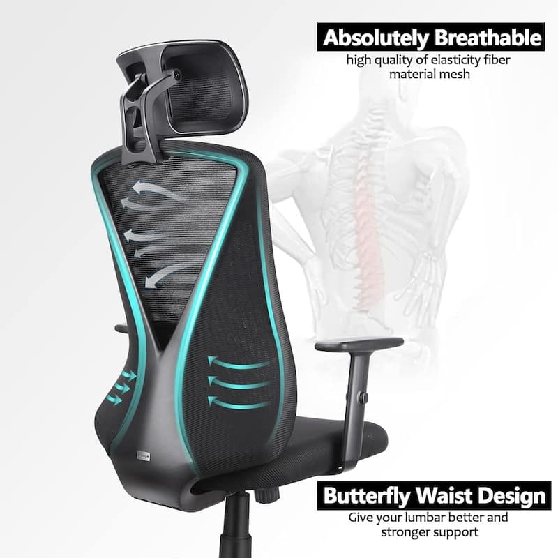 Ergonomic Office Chair with Adjustable Headrest and Armrest, Mesh Swivel Desk Chair with Storage Function for Work, Gaming