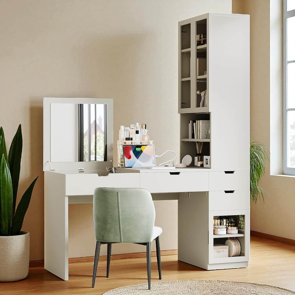 Multifunctional Vanity Desk with Mirror, Charging Ports, Glass Door Cabinets, 8 Hidden Compartments & Storage