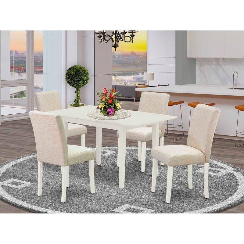 HomeStock 5-Pc Linen White Finish Solid Wood Top-Rectangular Upholstered Dining Room Set with Butterfly Leaf-Seats 4