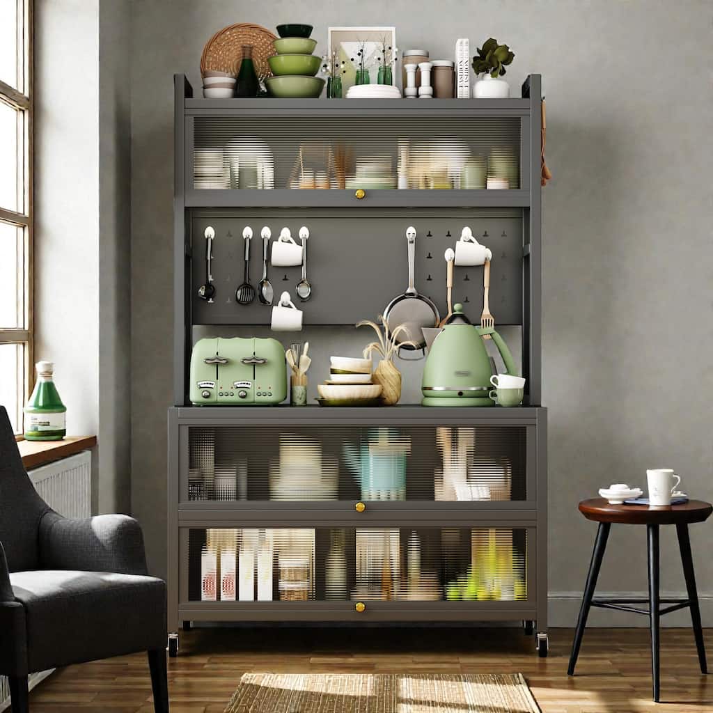 65'' Tall Kitchen Bakers Rack with Flip Door Cabinet, 5 Tier Microwave Stand Coffee Bar with Pegboard Hooks