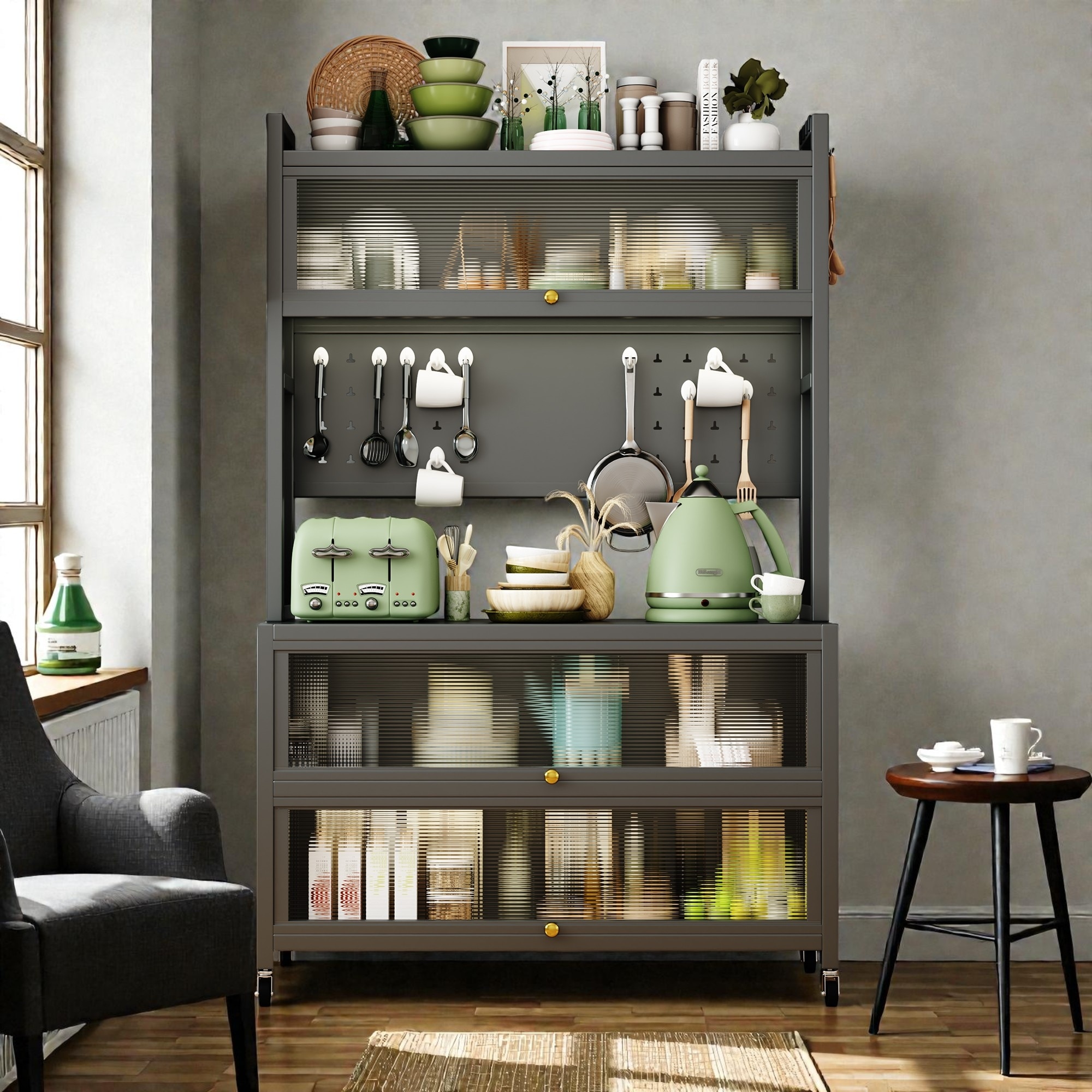 65'' Tall Kitchen Bakers Rack with Flip Door Cabinet, 5 Tier Microwave Stand Coffee Bar with Pegboard Hooks