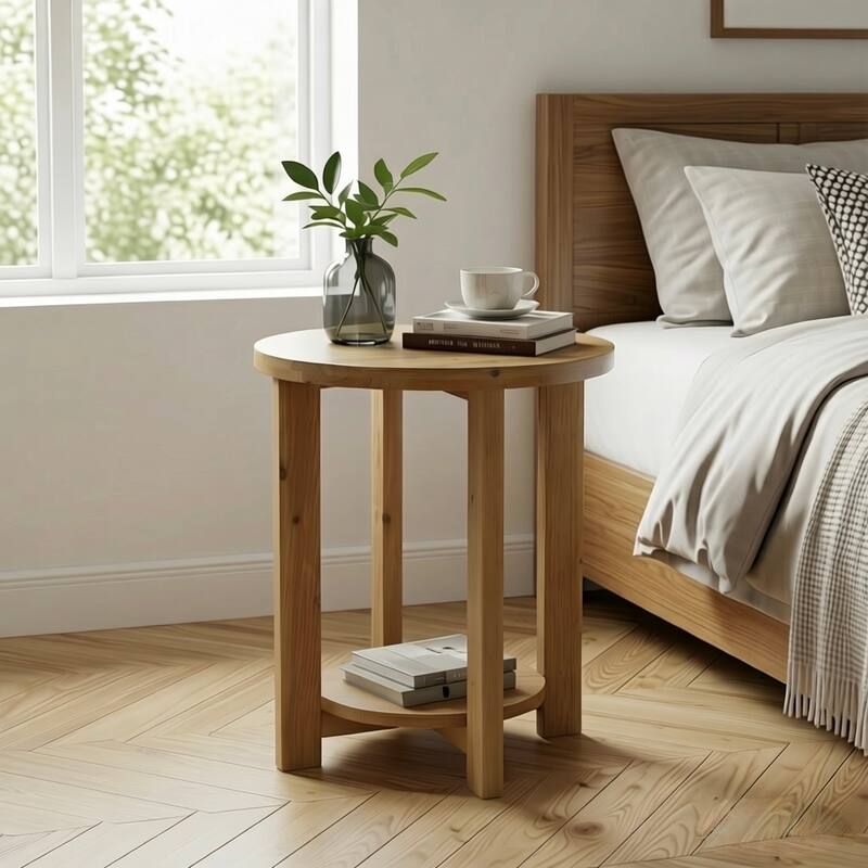 2-Tier Solid Wood End Table, Accent Round Side Table with Storage Shelf