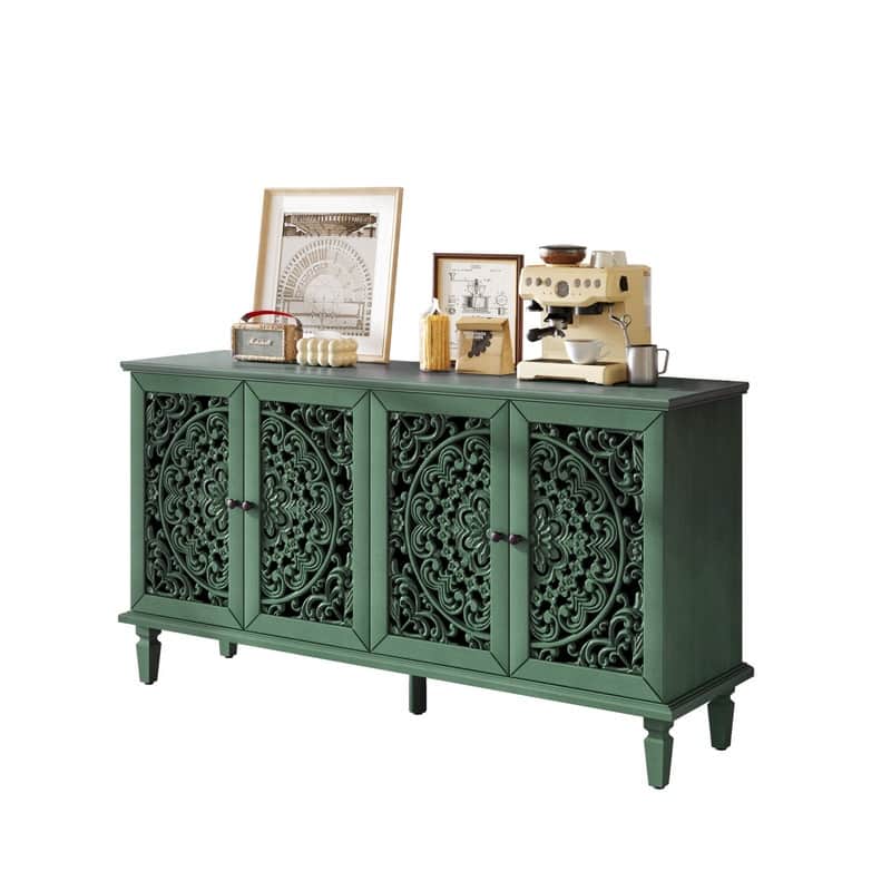 60" Antique Buffet Sideboard with Floral Carvings Solid Wood Legs and Adjustable Shelves for Versatile Storage
