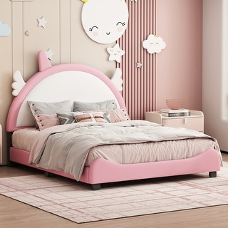 Cute Twin Size Upholstered Bed with Unicorn Shape Headboard, Platform Bed with Headboard and Footboard