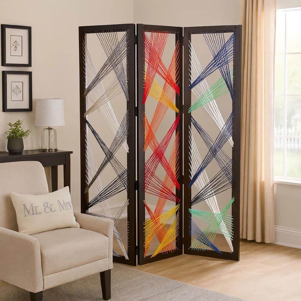 Contemporary 3 Panel Wooden Screen with Woven String Design, Multicolor