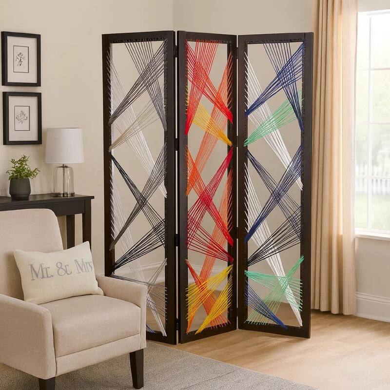Contemporary 3 Panel Wooden Screen with Woven String Design, Multicolor