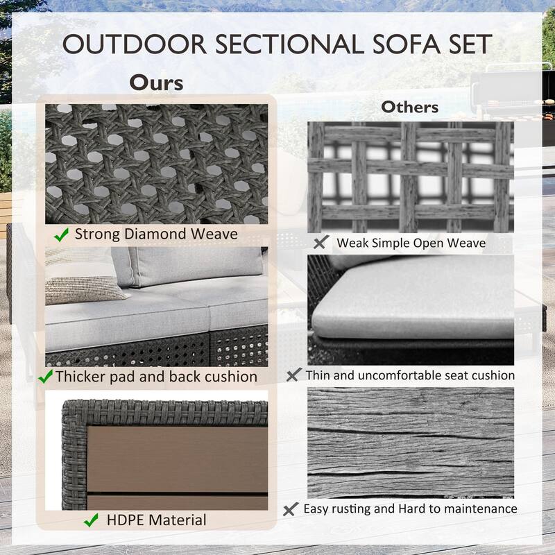 6-Piece Outdoor Sectional Sofa Set with Adjustable Recliner, Ice Bucket Coffee Table & Side Tables