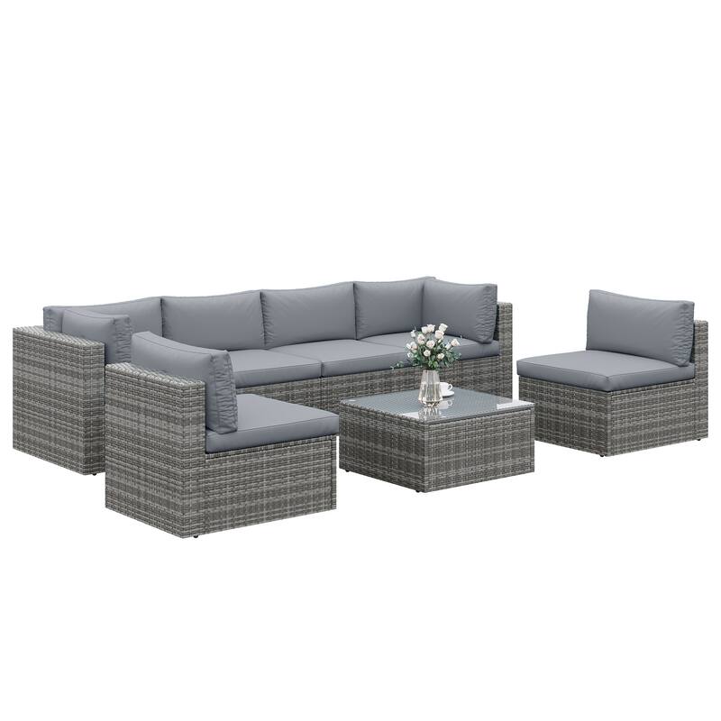 7-Piece Patio Furniture Set with Tempered Glass Coffee Table - Grey