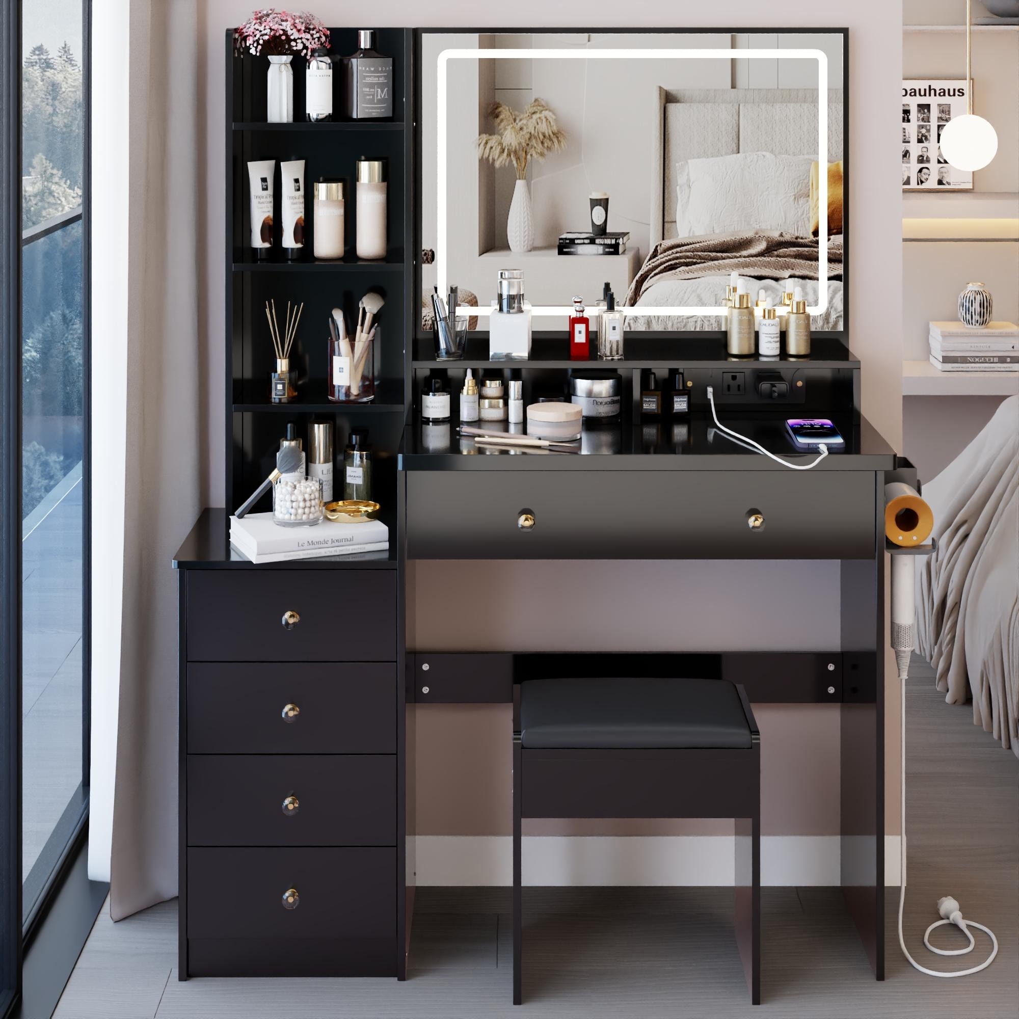 41" Large Size Left Bedside Cabinet Vanity Table + Cushioned Stool Dresser Set, 2 AC+2 USB Power Station, Hair Dryer Stand