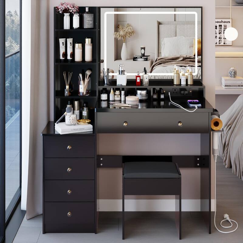 41" Large Size Left Bedside Cabinet Vanity Table + Cushioned Stool Dresser Set, 2 AC+2 USB Power Station, Hair Dryer Stand - Black