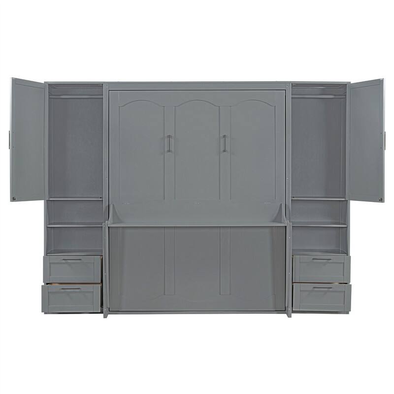 Queen Size Murphy Bed Wall Bed with 2 Wardrobes and 4 Storage Drawers, Foldable Murphy Cabinet Bed w/Open Storage Shelves& Stool