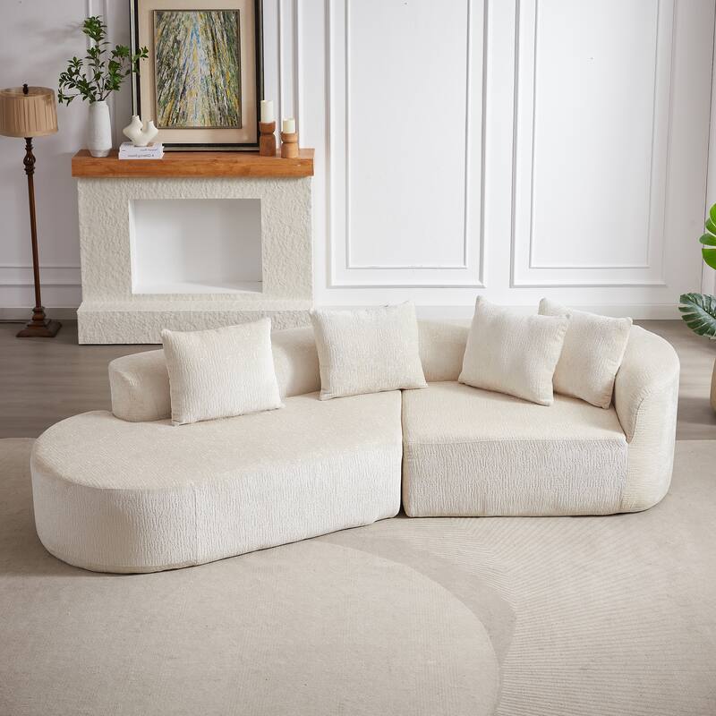 Curved Upholstered Loveseat Sofa Chenille Cloud Couch 4-Seater Chaise Lounge with 4 Throw Pillows for Living Room Recliner