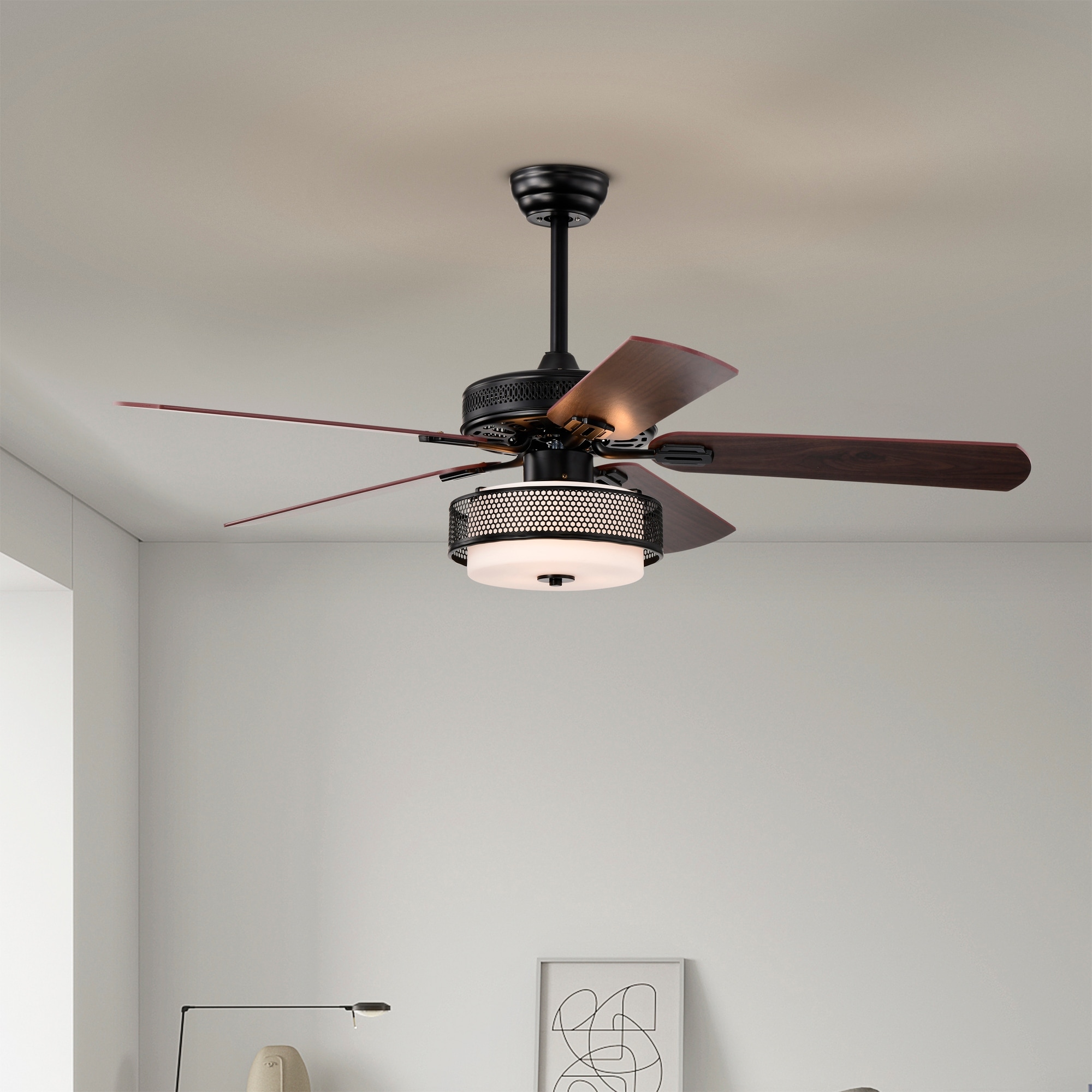 Warehouse of Tiffany Alistair Matte Black Lighted Ceiling Fan Wooden 5-Blade with Remote