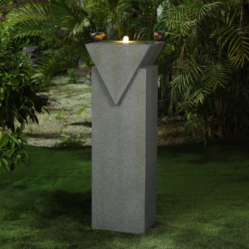 Patina Gray Resin Pillar Birds Bubbler Outdoor Fountain with LED Light - 41.70" H x 14.2" W x 11" D
