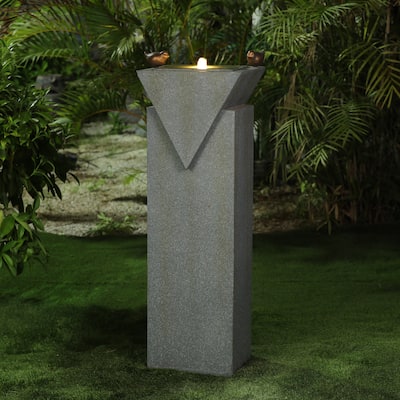 Patina Gray Resin Pillar Birds Bubbler Outdoor Fountain with LED Light - 41.70" H x 14.2" W x 11" D
