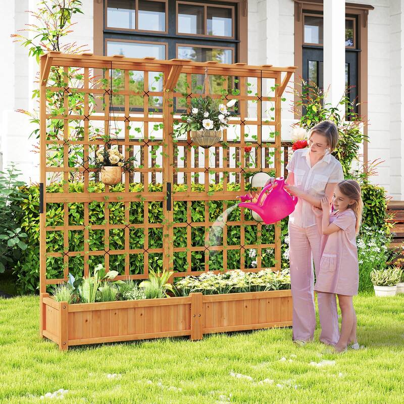 Costway 71" Large Wooden Planter Container with Trellis, Hanging Roof - See Details