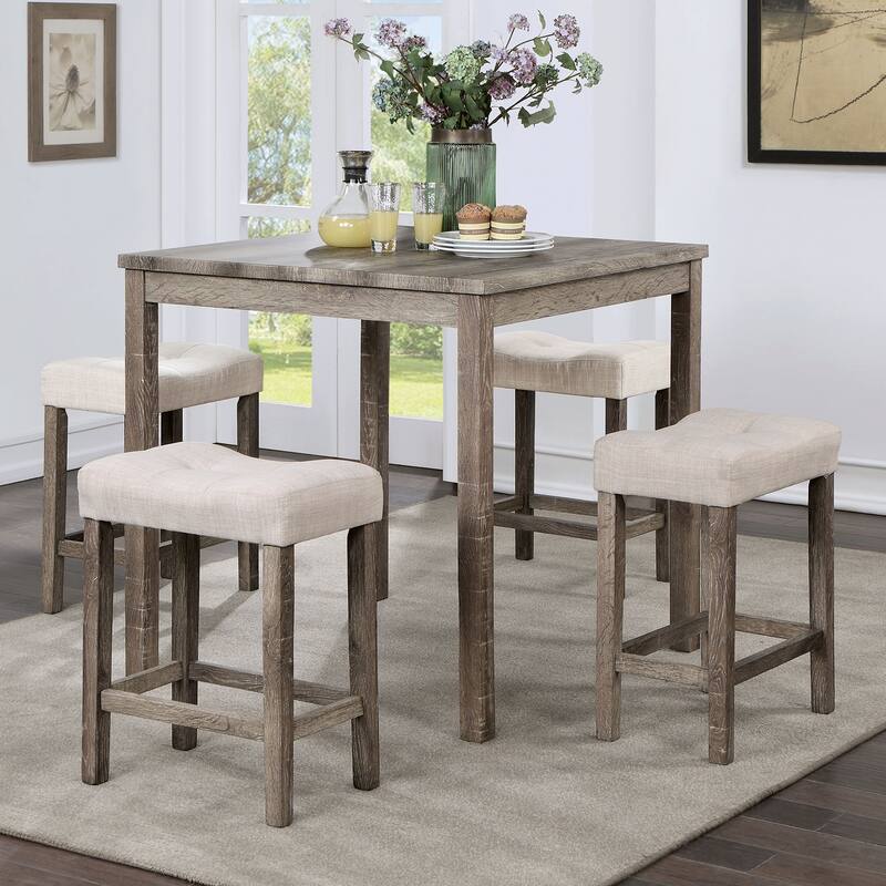 5-Piece Counter Height Dining Set with Gray Table and Beige Linen-like Upholstered Stools, Farmhouse-Inspired Rustic Charm - Beige,Gray