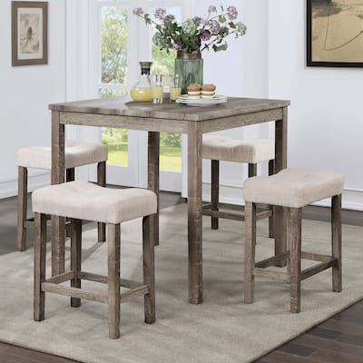 5-Piece Counter Height Dining Set with Gray Table and Beige Linen-like Upholstered Stools, Farmhouse-Inspired Rustic Charm