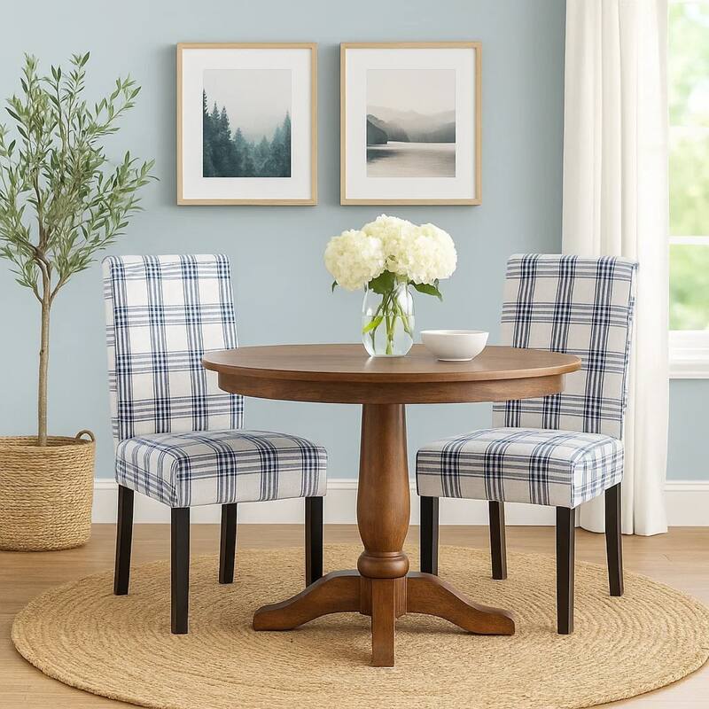 Cini Dining Side Chair Set of 2, Blue Cream Fabric, Black Wood Legs