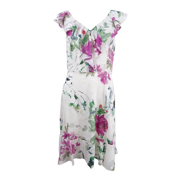 DKNY Women's Ruffled Fit & Flare Floral-Print Dress (6, Watermelon Multi) - Watermelon Multi - 6