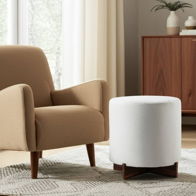 Velvet Round Ottoman Sherpa Finish and X-Base Wood Frame - 18" Ivory