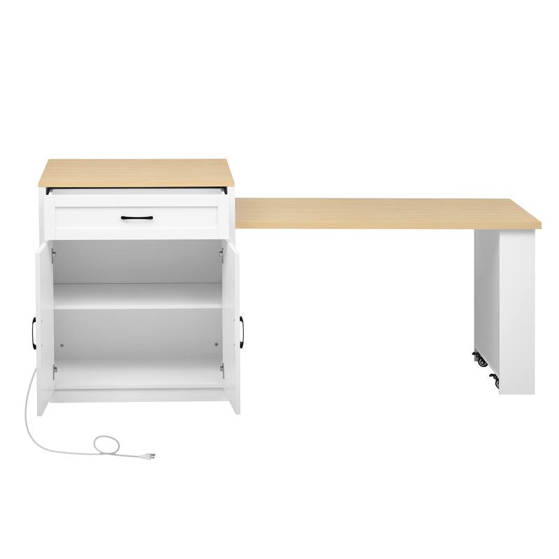 31.5'' Kitchen Island with Extendable Dining Table for 4-6 Person, Power Outlet, Open Shelves and 2 Drawers