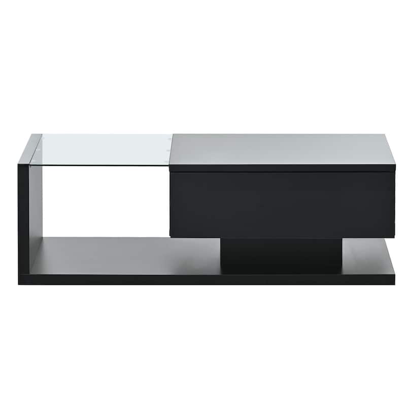Modern Tempered Glass Coffee Table, 2-Tier Rectangular Center Table with Sliding Drawers, for Living Rooms, Black