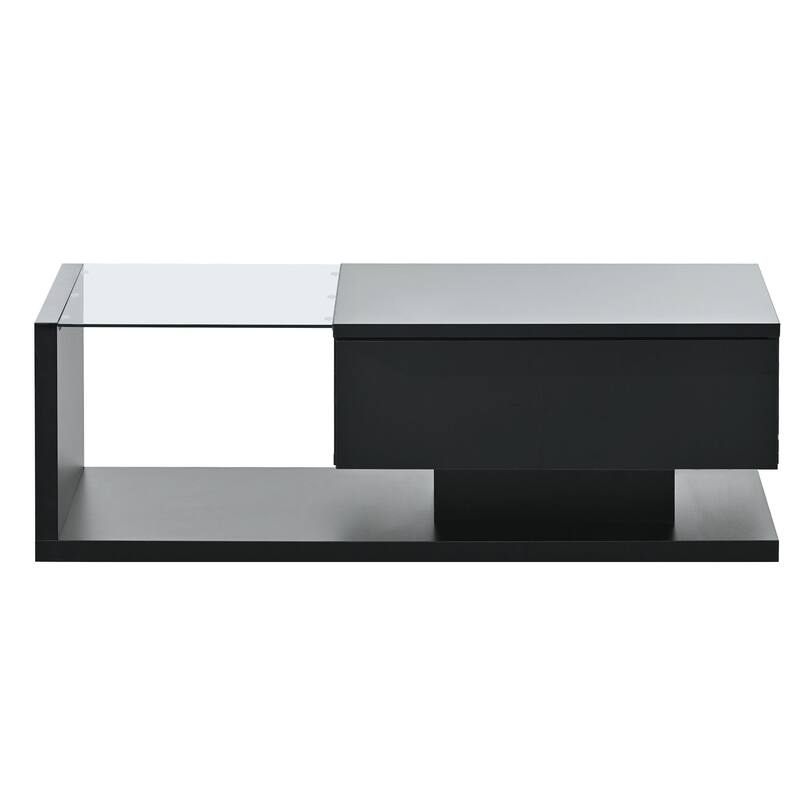 Roomfitters Modern Coffee Table with Tempered Glass Top, High Gloss 2-Tier Rectangle Center Table for Living Room