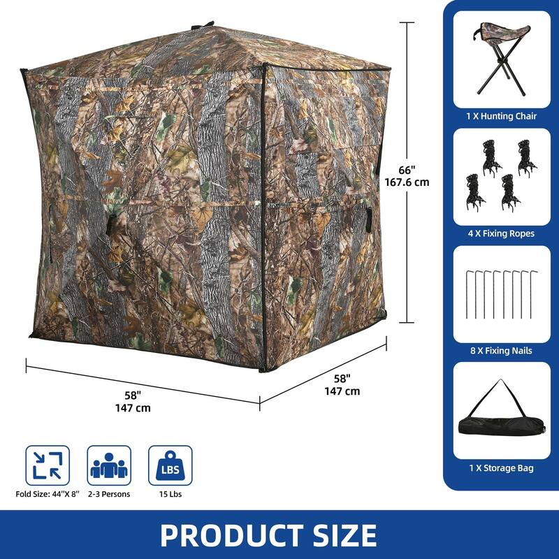 Moasis Hunting Blind 2-3 Person with Hunting Stool, 360 Degree See Through Pop up Ground Blinds for Hunting