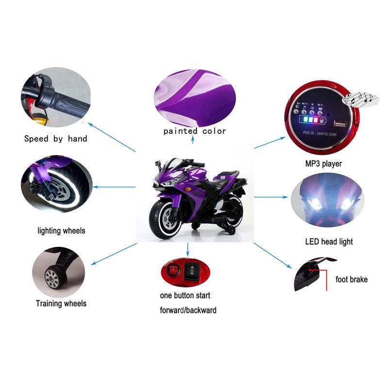 Christmas Gift 12V Ride-On Motorcycle for Kids, Manual Throttle, Training Wheels