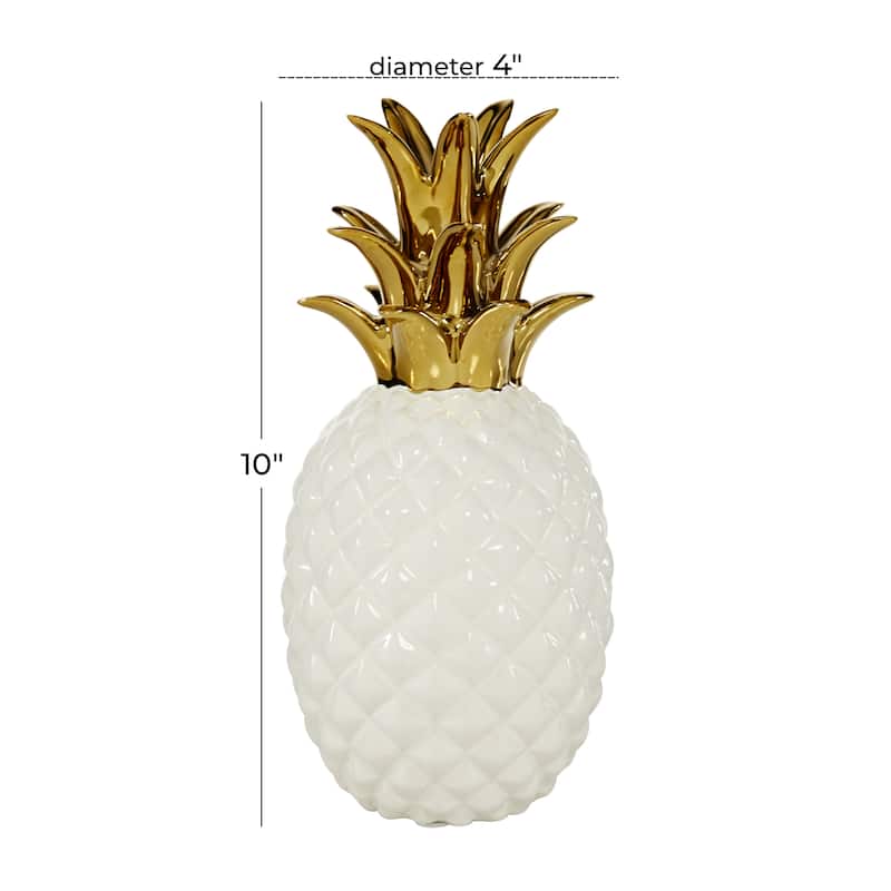 CosmoLiving by Cosmopolitan White Porcelain Ceramic Faceted Pineapple Fruit Decorative Sculpture with Gold Leaves