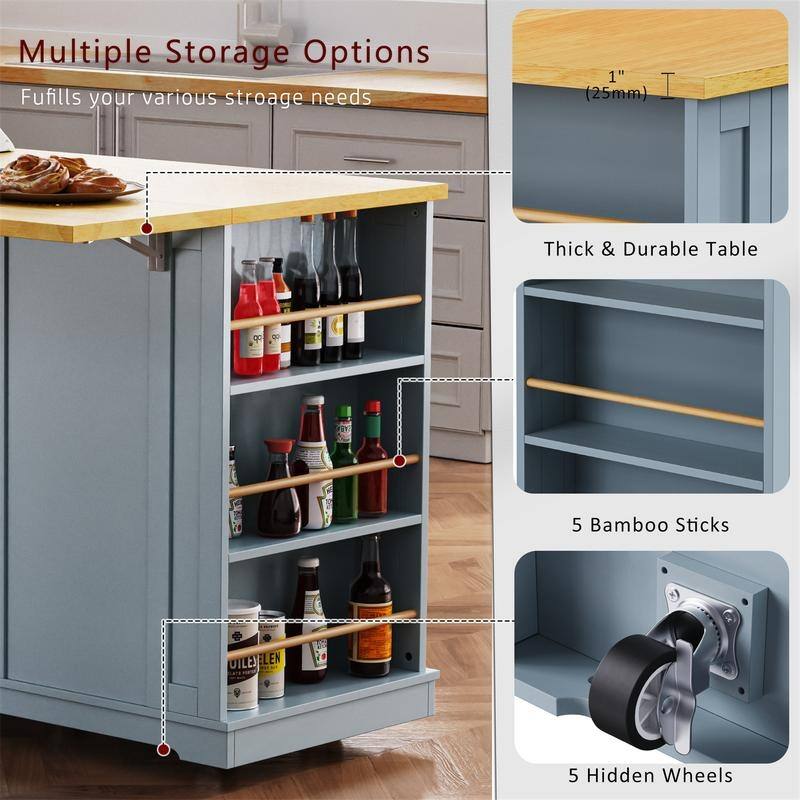 3-Piece/1 Piece Kitchen Island Set with/without 2 Bar Stools, Kitchen Cart on Wheels with 3 Drawers, Drop Leaf & Open Side Racks