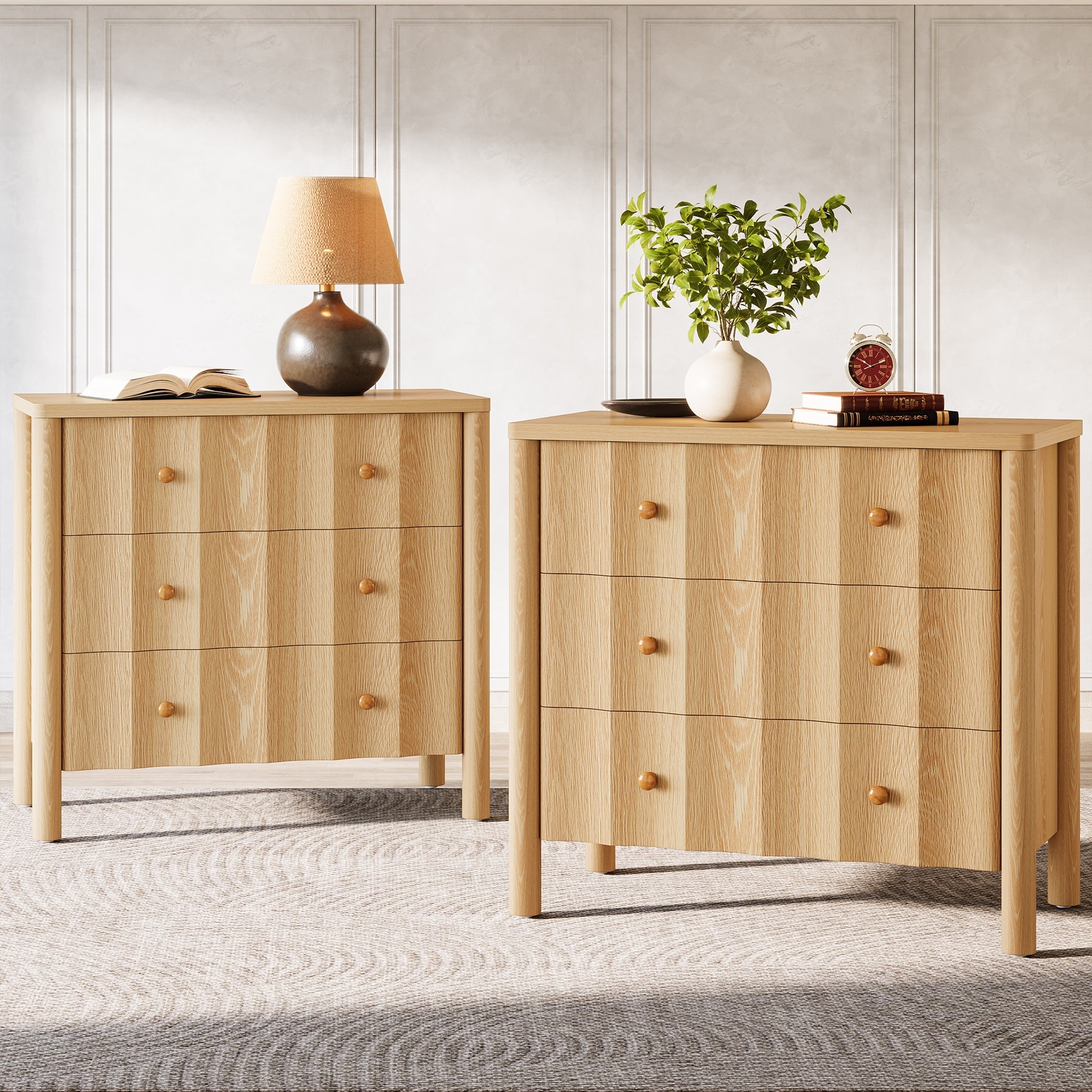 31.5-Inch Oversized Nightstand Set of 2, Large Night Stand with 3 Drawers, Modern Fluted Bedside Table for Bedroom, Living Room