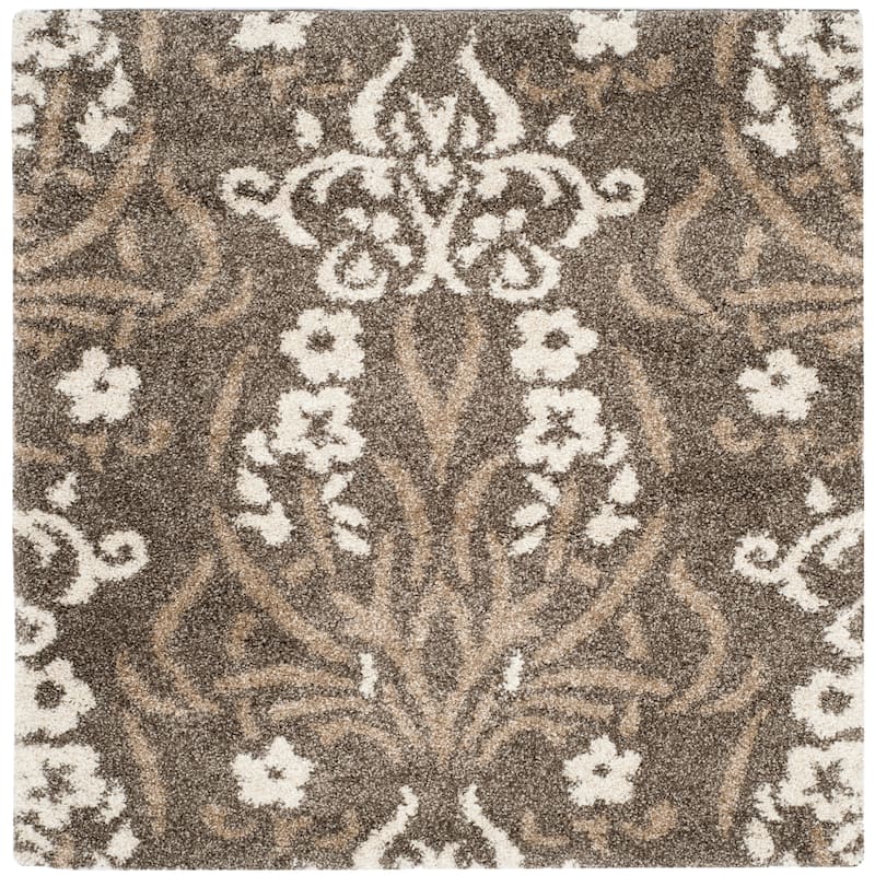 SAFAVIEH Florida Shag Niloufar Damask 1.2-inch Thick Rug - 4' Square - Smoke/Beige