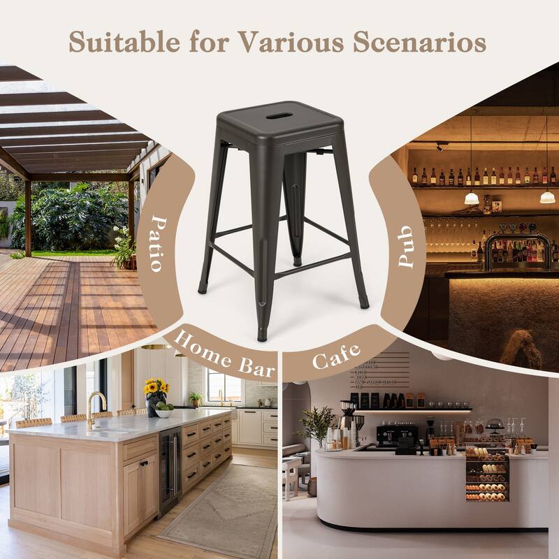 4-Piece 24" Space Saving Stackable Metal Bar Stools with Footrest for Kitchen or Patio - 16" x 16" x 24"