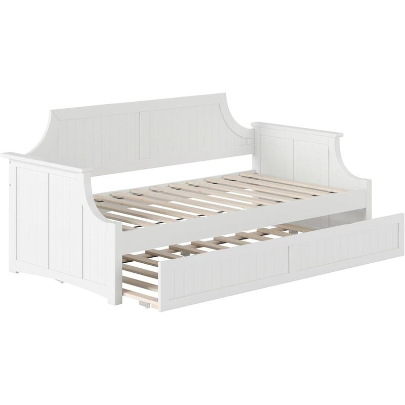 Twin Daybed with Trundle - Mid-Century Wood Daybed - White Finish -