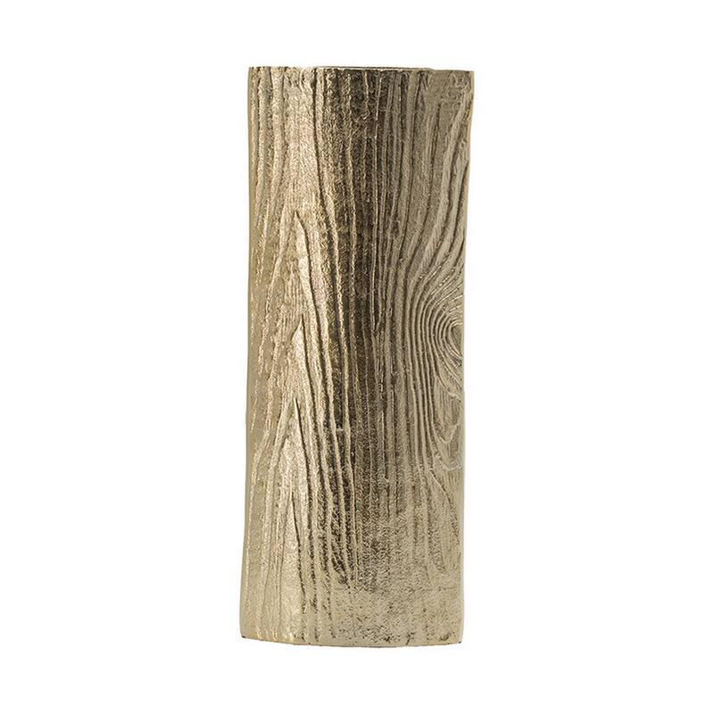15 Inch Modern Vase, Naturalistic Tree Trunk Texture Shiny Gold Finish