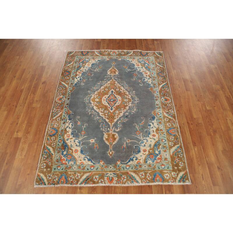Hand Knotted Oriental 100% Wool Carpet Traditional Medallion Navy Blue & Blues Tabriz Area Rug - 5' 7'' X 4' 3''