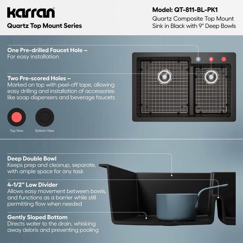 Karran 33" Top Mount Large/Small Bowl Quartz Kitchen Sink Kit - 33" x 22" x 9"