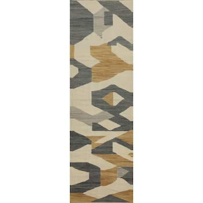 Hand Woven Oriental 100% Wool Carpet Southwestern Modern Beige & Ivories Kilim Runner Rug - 11' 6'' X 2' 8''