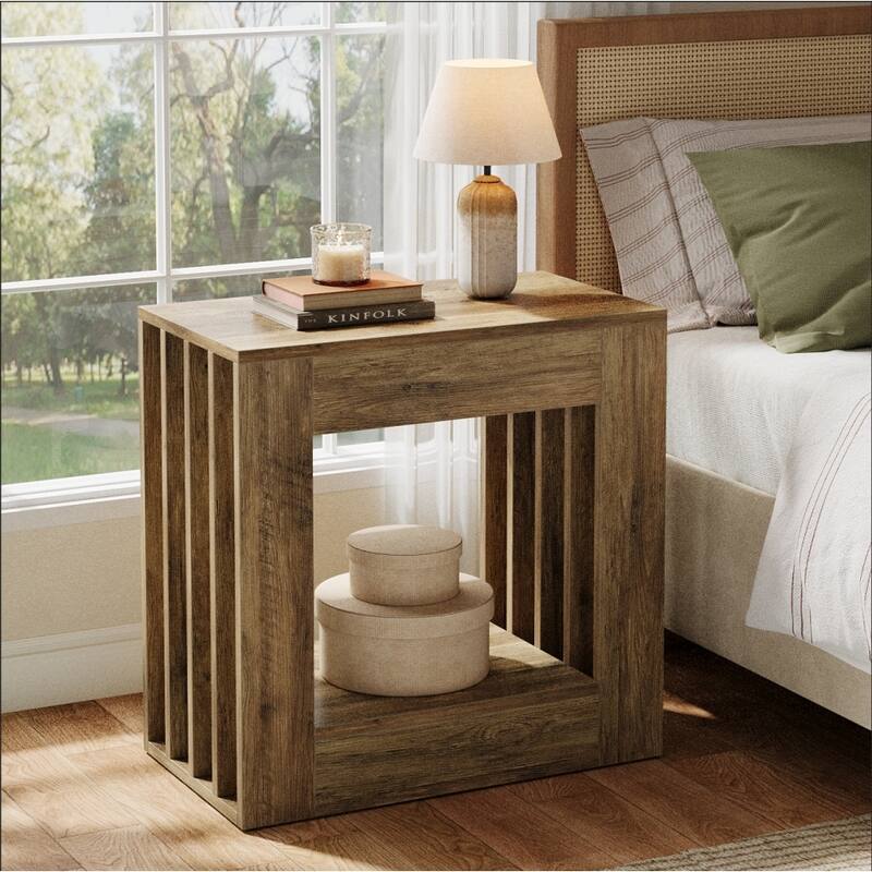 2 Tier Farmhouse End Table for Living Room, Rectangular Side Table with Storage Shelf