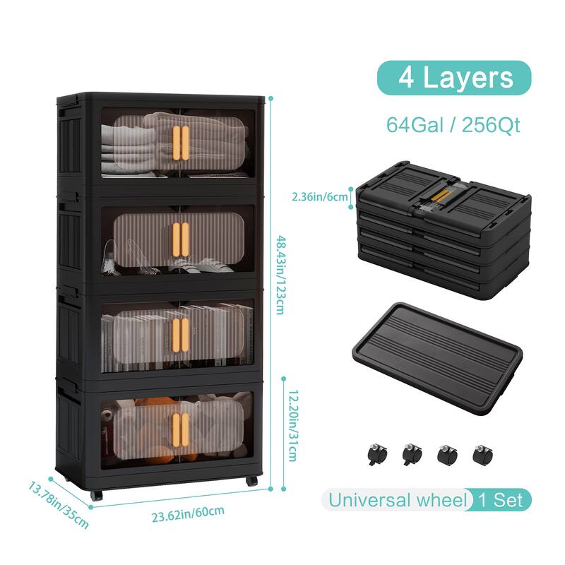 4 Tiers Black 24" Side Wide Folding Storage Cabinet