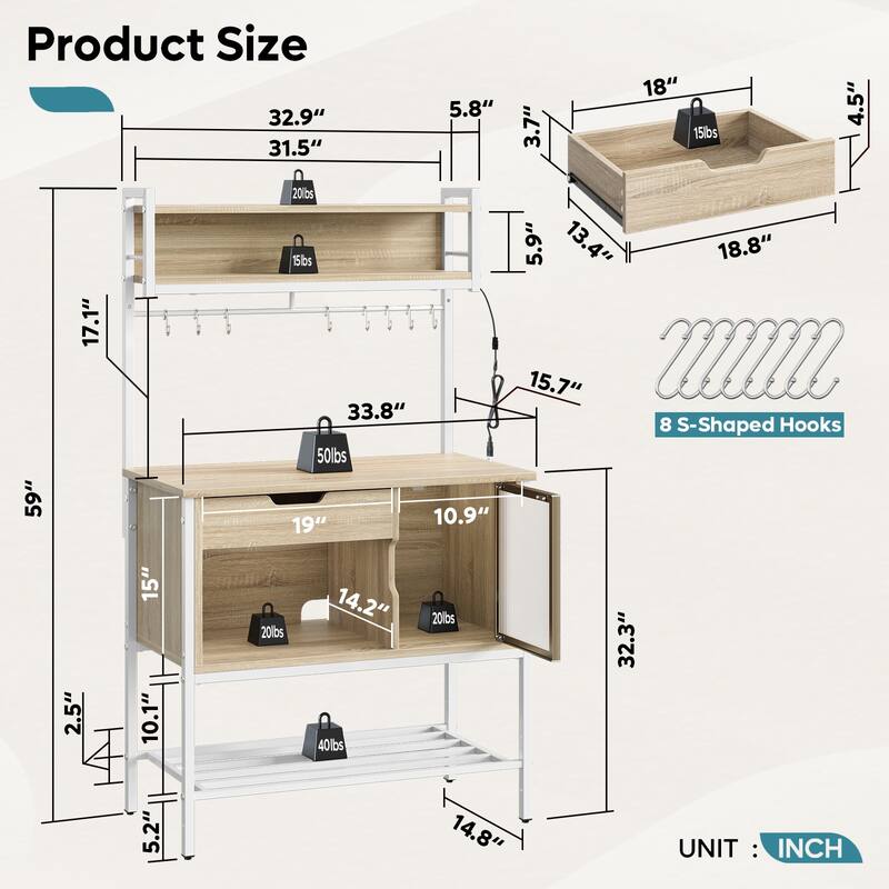 59 Inch LED Bakers rack, Kitchen Baker's Rack With hooks and Adjustable Shelf - 59″H×33.8″W