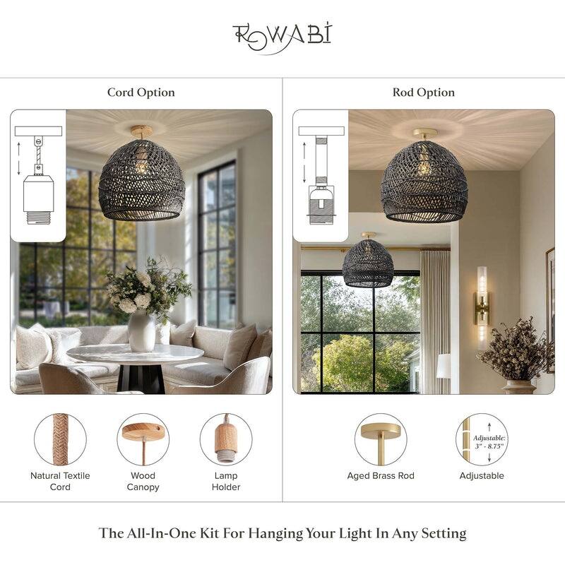 Lunar Rattan Flush Mount Rattan Black 1-Light Handwoven Ceiling Light for Bedroom or Hallway in Modern, Mid-Century, Boho Style