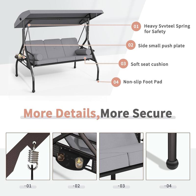 Outdoor Patio 3-Seat Porch Swing Cushioned Seat Bench Chair with Adjustable Tilt Canopy & Side Trays