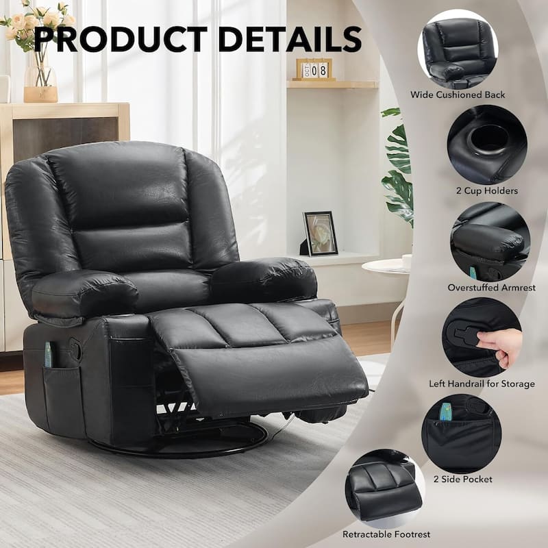 360° Swivel PU Leather Massage and Heating Rocker Recliner Chairs for Living Room, Bedroom