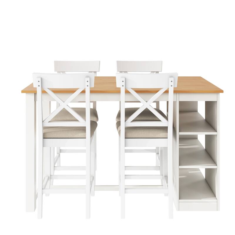 Solid Wood Farmhouse Counter Height Dining Table Set with 3-Tier Storage Shelves, Upholstered Dining Chairs for 4, 5-Piece
