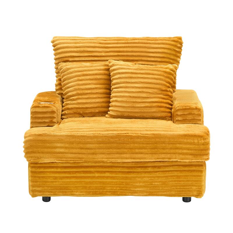 Corduroy Armchair Ottoman Set with Cup Holder, Spring Cushion and 2 Throw Pillows