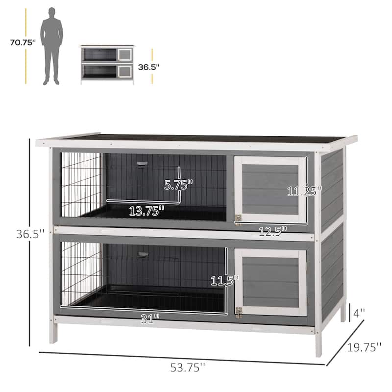 Dark Grey Fir Wood Bunny Hutch with Metal Wire, Dual Cages and Roof - 53.75" L x 19.75" W x 36.5" H
