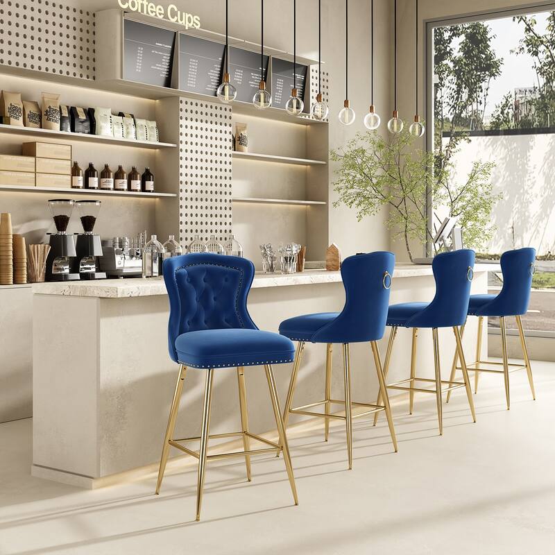 Bar Stools Set of 2, Velvet Counter Height Bar Stools with Metal Legs, Button Tufted and Nailheads Trim